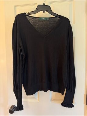 Lauren Ralph Lauren Black V-Neck Ruffle Cuff Sweater